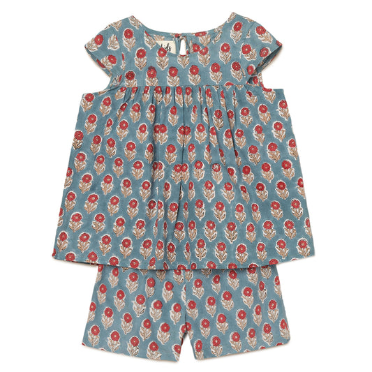 Girls Top and Shorts Set Teal With Red Flower Print 2 yrs to 6 yrs - Full Set