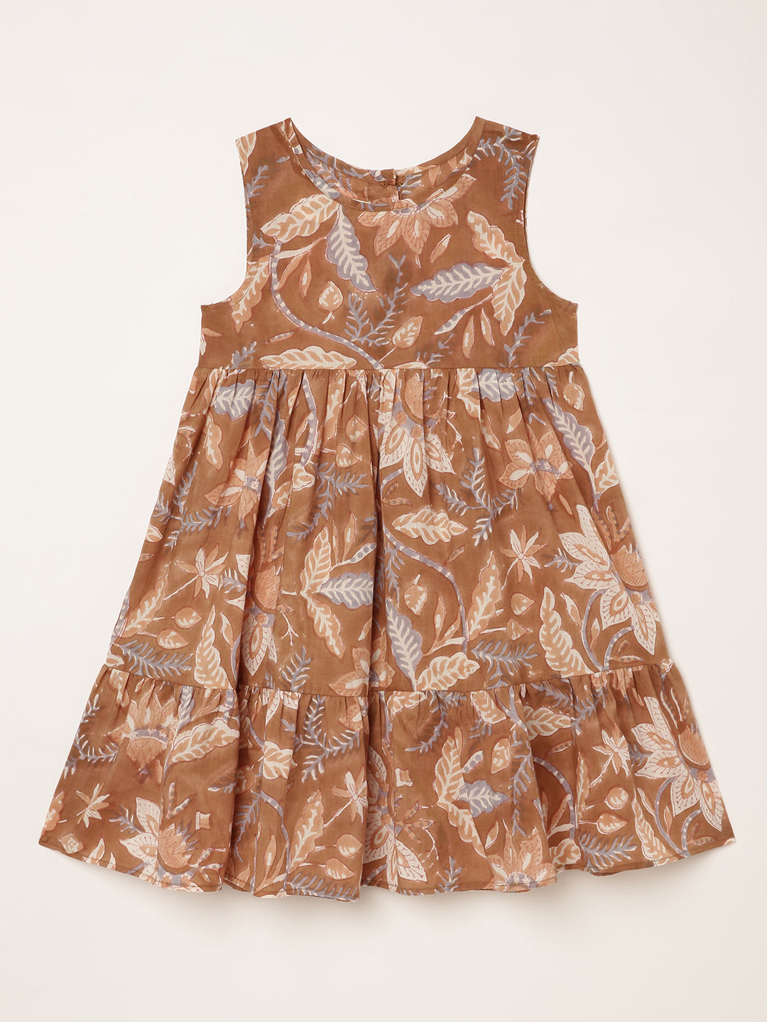 Sleeveless dress for girls with brown and lavender block print. Ages 1-8 years